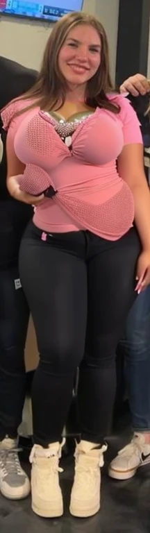 Arafed girl in pink shirts and black pants posing for a picture, large thighs, widest hips, skinny waist and thick hips, wide hips, 2 4 year old female model, smallest waistline ever, large hips, her hand is on her waist, insanely inflated hips, her belly is fat and round, she has a jiggly fat round belly, Big tits, huge , no clothes, sexy, cute, wide hips, thick thighs, pear-shaped body, minimal clothes, thick, bbw, chubby stomach, thick nipples, nipple piercings, large areola, hard nipples, piercing through shirt, nipples hard through shirt, muscular, strong, thick hips, minimal clothes, work out girl, low cut v neck shirt with cleavage, fat chubby stomach