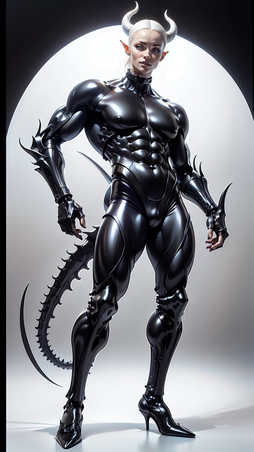 (megan fox:1.25), (draconic alien biomechanical succubus with carnage & witchblade physique:1.25), (megan fox as a muscular alien draconic biomechanical demonic woman with flayed skin, gigantic horns, & necrotic metallic muscle:1.5), (alien biomechanical full bodysuit:1.45), (perfect fingers:1.25), ((wide shoulders & upper body:1.25)), (very skinny legs:1), (huge muscular arms:1.45), (ten pack abs:1.25), (full body view:1.25), choker, detailed eyes, (looking at viewer), (smile:1.25), (blank dark background:1.25), in the art style of H.P. Giger, (beautiful girl face:1.25)