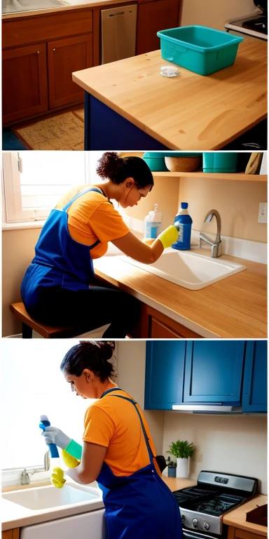 Images of a tired and exhausted person cleaning