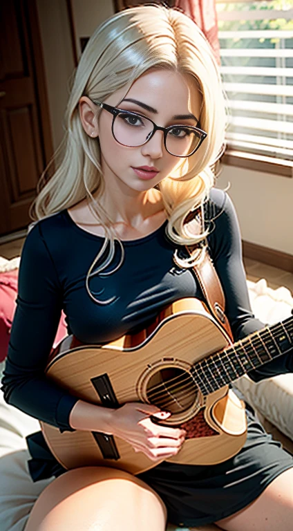 35 YEAR OLD WOMAN WEARING LARGE GLASSES PLAYING THE GUITAR PERFECTLY, SENSUAL E CHARMOSA, GOSTOSA, LINDA, perfect symmetrical body, (OPEN LEG SITTING ACTION), (((CABELOS RUIVO))), OLHOS COR BRANCO NEVE, curto, Messy hair, BATON PRETO, LINDA MULHER, ( MAIOR QUALIDADE, high resolution, 16K, SEM ERROS). Nua NSFW, (CORPO TODO).