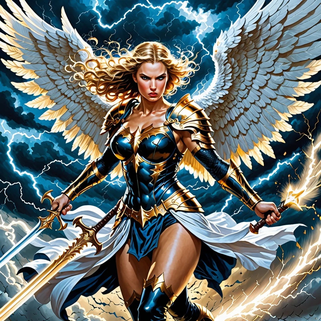 oil paint style,comics art:1.1,vivid colors,victorius scene,beautiful angel warrior woman with very big bulky white wings, WIELDING one staff,((shiny black ARMOR with gold embroid details)), determined face expression,storm and lightning dark blue sky background,dramatic lighting)