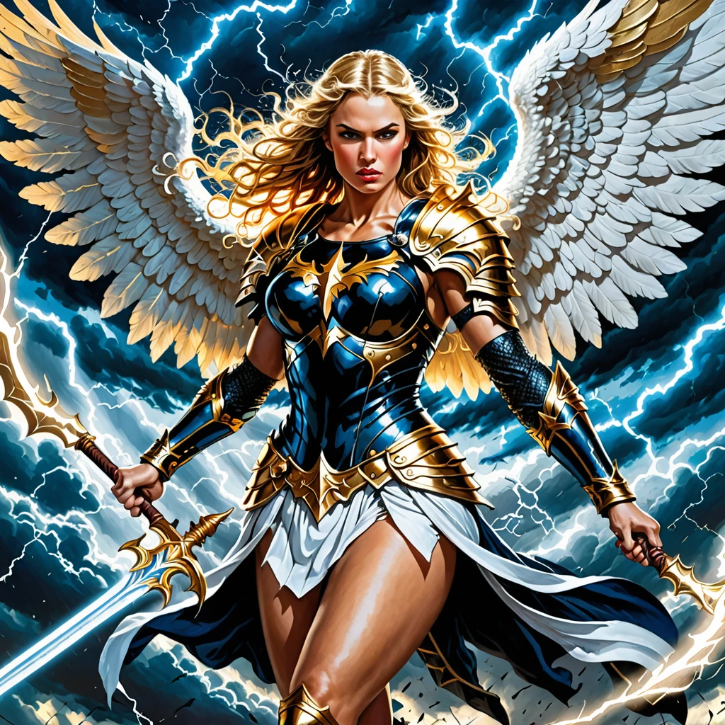 oil paint style,comics art:1.1,vivid colors,victorius scene,beautiful angel warrior woman with very big bulky white wings, WIELDING one staff,((shiny black ARMOR with gold embroid details)), determined face expression,storm and lightning dark blue sky background,dramatic lighting)