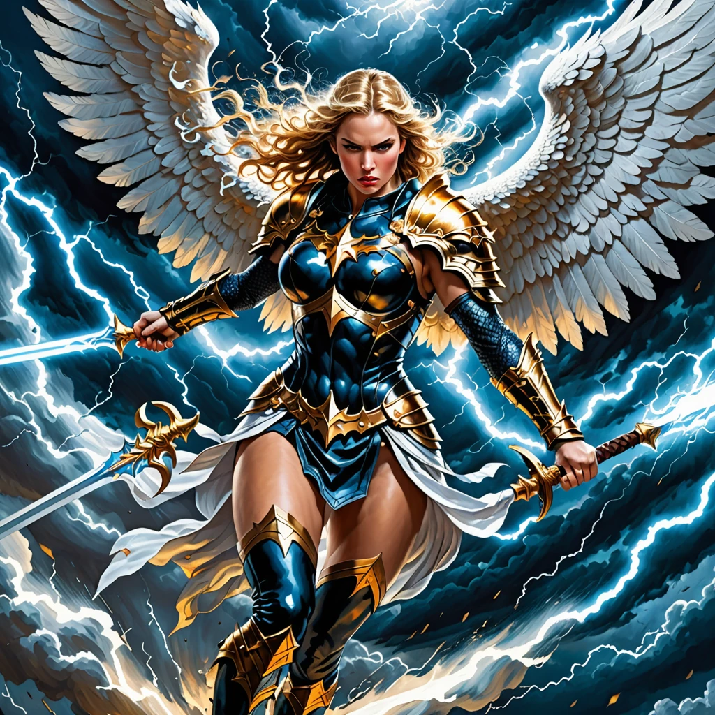 oil paint style,comics art:1.1,vivid colors,victorius scene,beautiful angel warrior woman with very big bulky white wings, WIELDING one staff,((shiny black ARMOR with gold embroid details)), determined face expression,storm and lightning dark blue sky background,dramatic lighting)