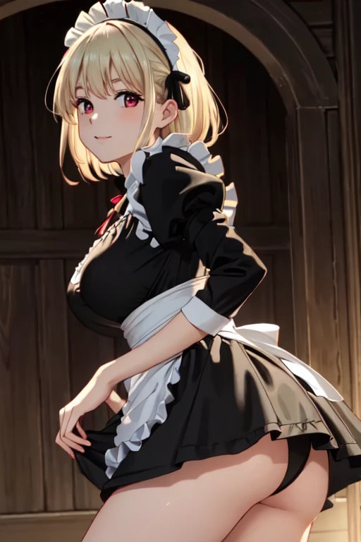 masterpiece, best quality, ultra detailed, highres, extremely detailed CG unity 8k wallpaper, perfect lighting,  very detailed background, Outdoor、beautiful and aesthetic,sharp focus, perfect face, Perfect hands、Perfect Fingers、Perfect toes、Five fingers、
1lady、 smiling、
Short blonde, large red eyes、delicate oval face、(large breasts)、
(Black maid outfit:1.5)、Ambient light、Volumetric Light、shoot from side、(Glowing Skin:1.3)
