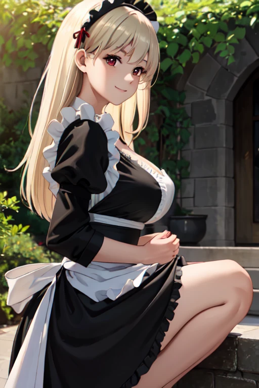 masterpiece, best quality, ultra detailed, highres, extremely detailed CG unity 8k wallpaper, perfect lighting, very detailed background, Outdoor、beautiful and aesthetic,sharp focus, perfect face, Perfect hands、Perfect Fingers、Perfect toes、Five fingers、
1lady、 smiling、
Short blonde, large red eyes、delicate oval face、(large breasts)、
(Black maid outfit:1.5)、Ambient light、Volumetric Light、shoot from side、(Glowing Skin:1.3)