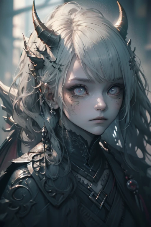 1girl, glowing dragon eyes, wavy hair, demure ornate dress, scales, scales on face, dragon wings, dragon horns, slender figure, scaled humanoid, looking at camera, (Intricate details:1.2), (Highly detailed face and eyes:1.3), textures, (Photorealistic: 1.4), (Highly detailed)