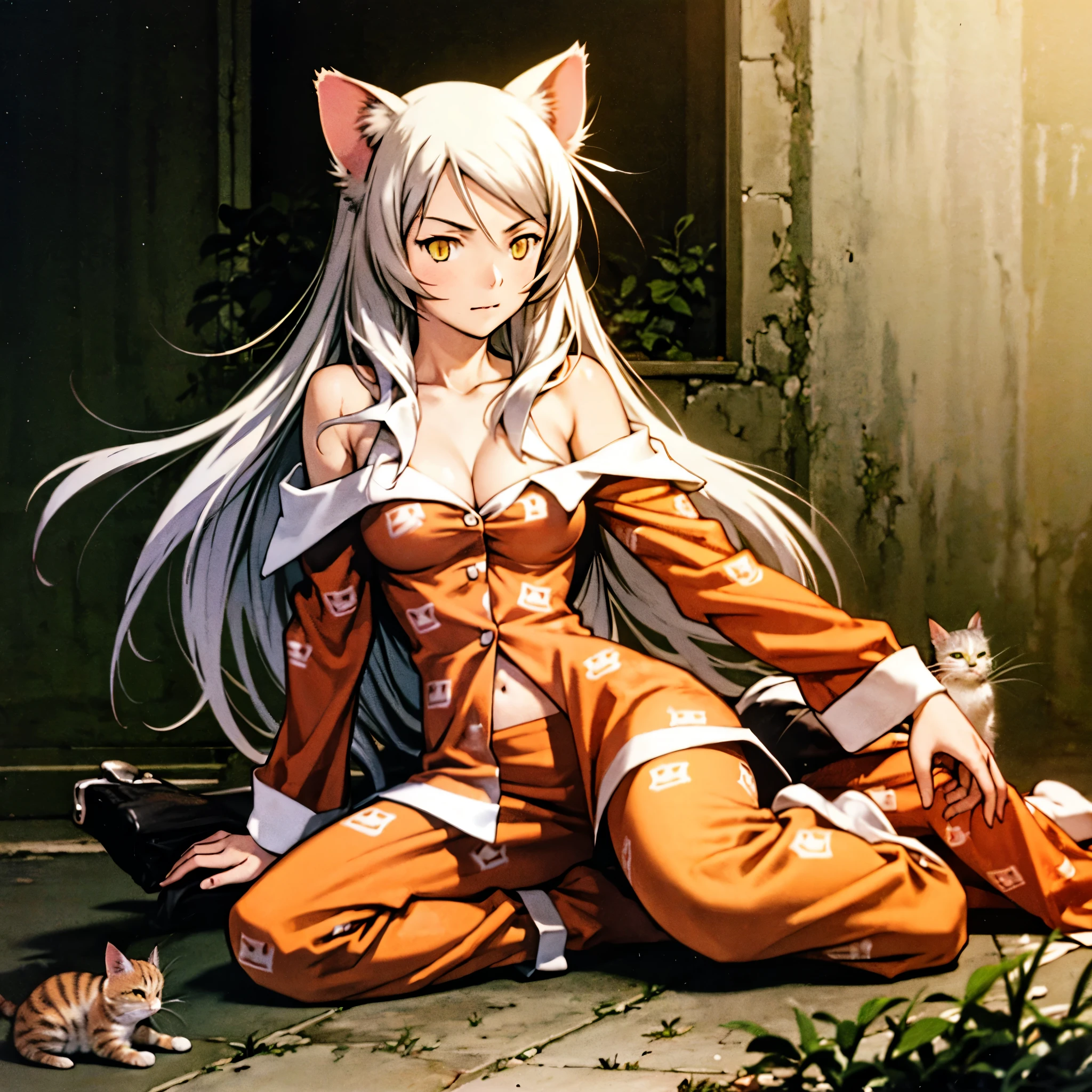 blkhanekawa, cat ears, slit pupils, very long hair, orange pajamas, off-shoulder, cleavage, cat print
