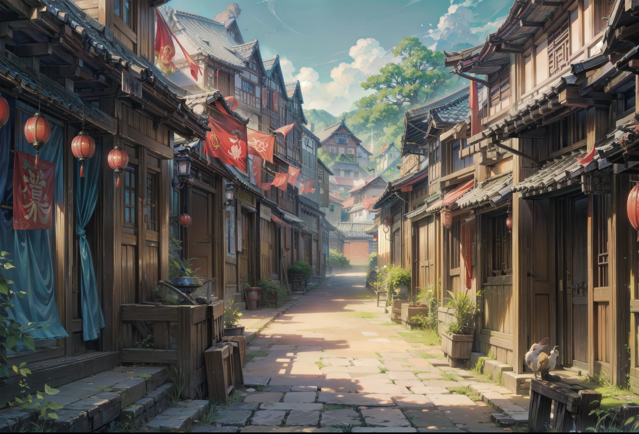 Old ancient chinese town, bright ancient chinese town, beautiful scene, scenery, ancient town, ancient time set, bright color palette, beautiful houses, scene, bright sky, nice enviroment, background, beautiful scene, day time, blue sky, bright sun, ground