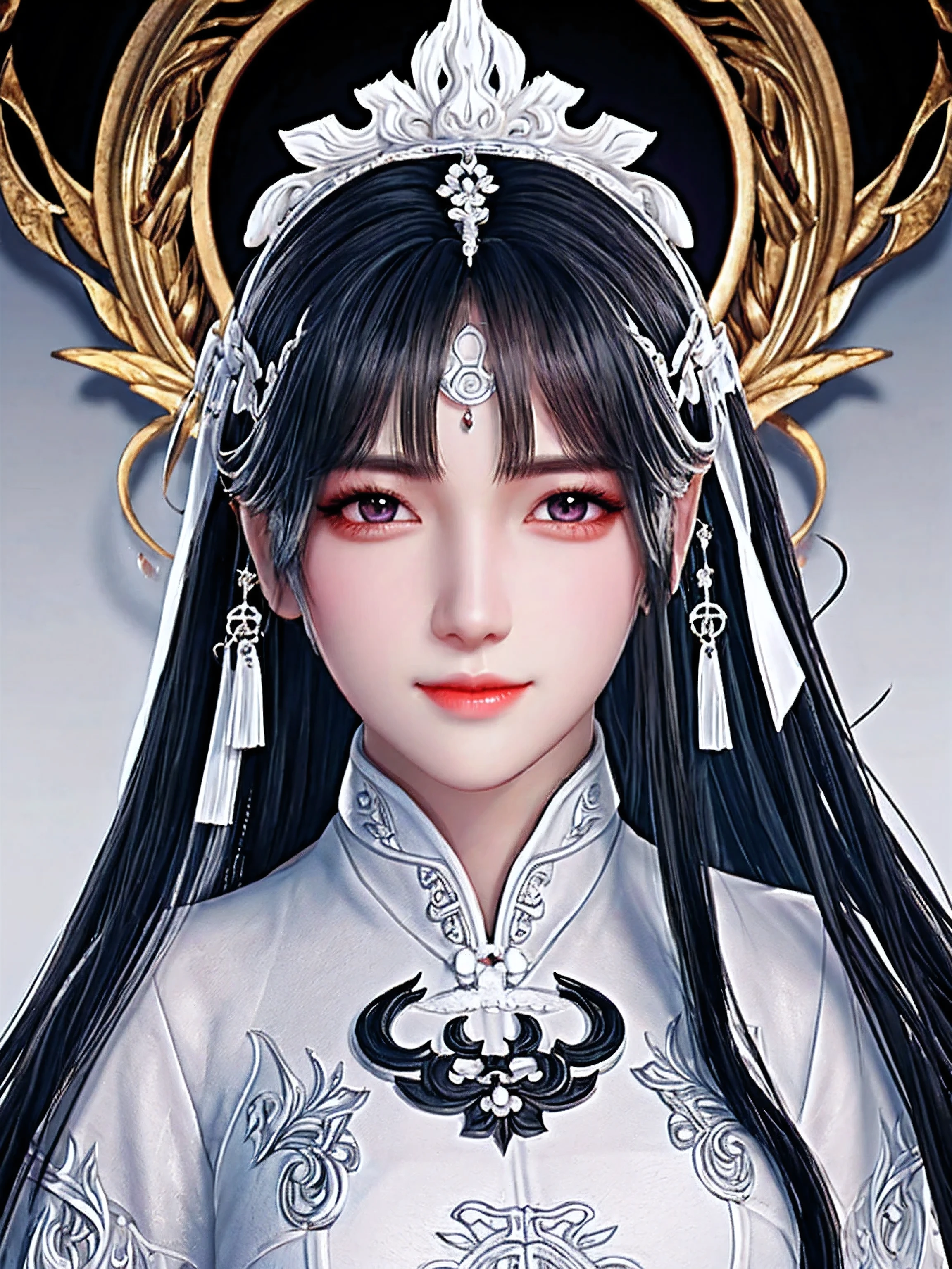 A beautiful sword empress in white dress with long black hair, detailed face, detailed eyes, beautiful face, detailed ears, detailed yin yang background, detailed dress, detailed accessories, perfect, masterpiece, 4k, HD, Xianxia, donghua, 