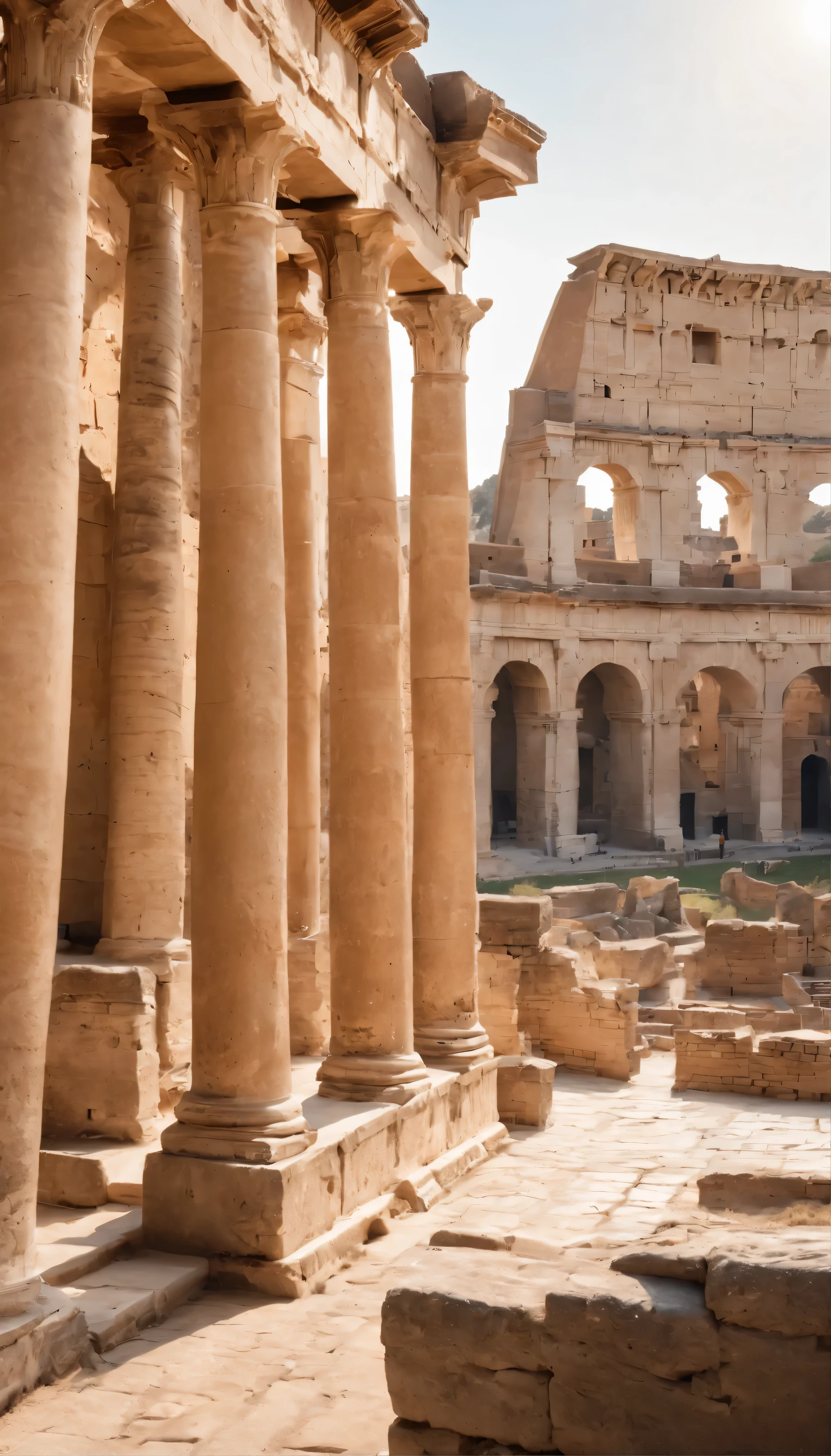 with high definition images、The sunlight gently caresses the ancient Colosseum、Explore the awe-inspiring ruins of a Greek city。The warmth of the sun illuminates the intricately carved marble columns.、Casting a long shadow on the ancient cobblestone street。Faded frescoes and intricate mosaics、It tells the story of a civilization long ago.。Marvel at the scale and grandeur of this architectural marvel.、Travel back in time to ancient glory。