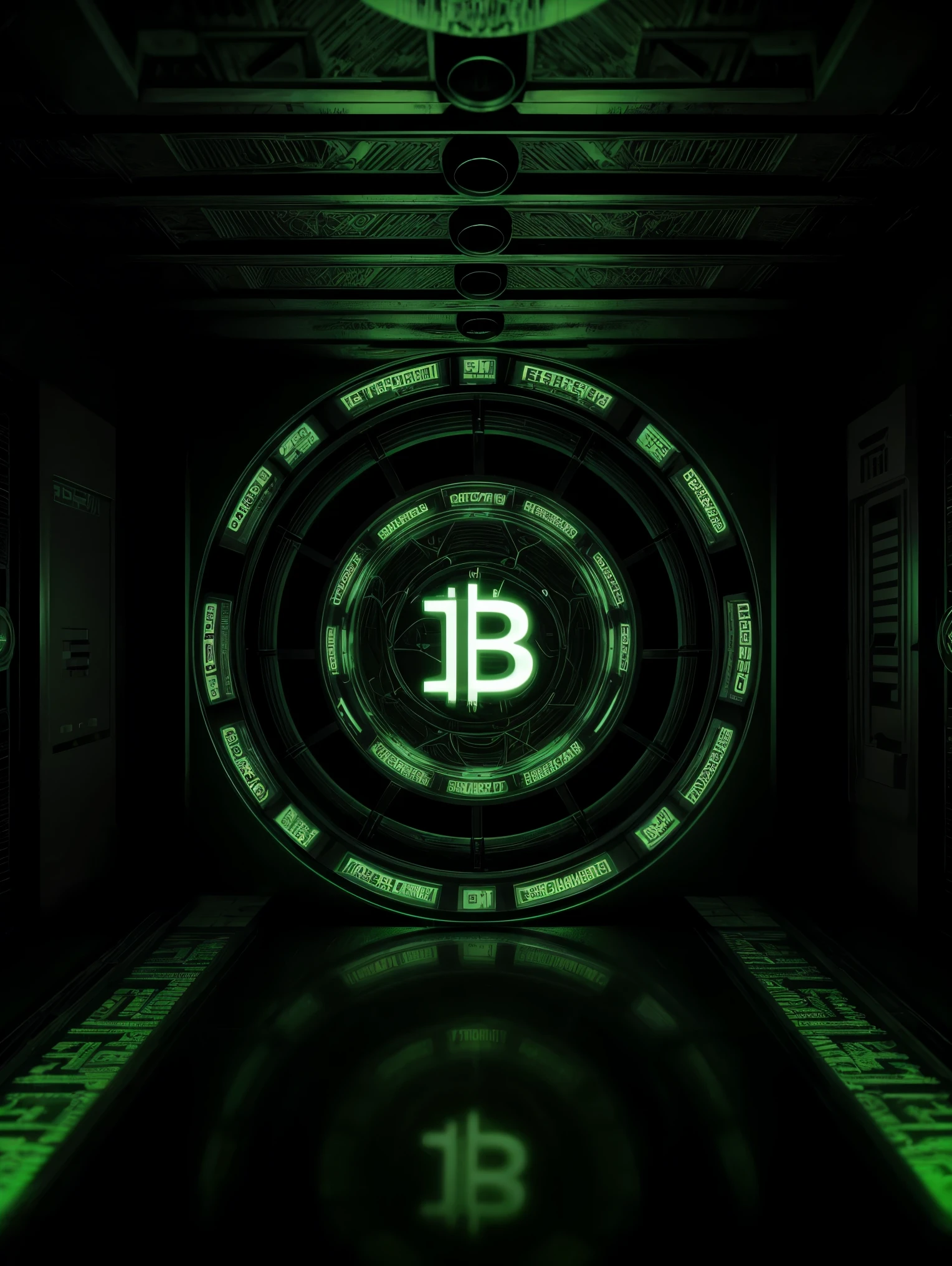 se muestra un logotipo de Bitcoin (In English) in a dark room with green lights, Criptomoneda en segundo plano, cripto, criptomoneda, 🚀🚀🚀, Satoshi, Bitcoin (In English), mining, Giant crypto vault, Neo, cryptidcore, Crypto Valut, centro, Luz matricial verde, Matrix symbols in the background, caprichoso, impresionante, Shockwaves are coming out, criptopunk
