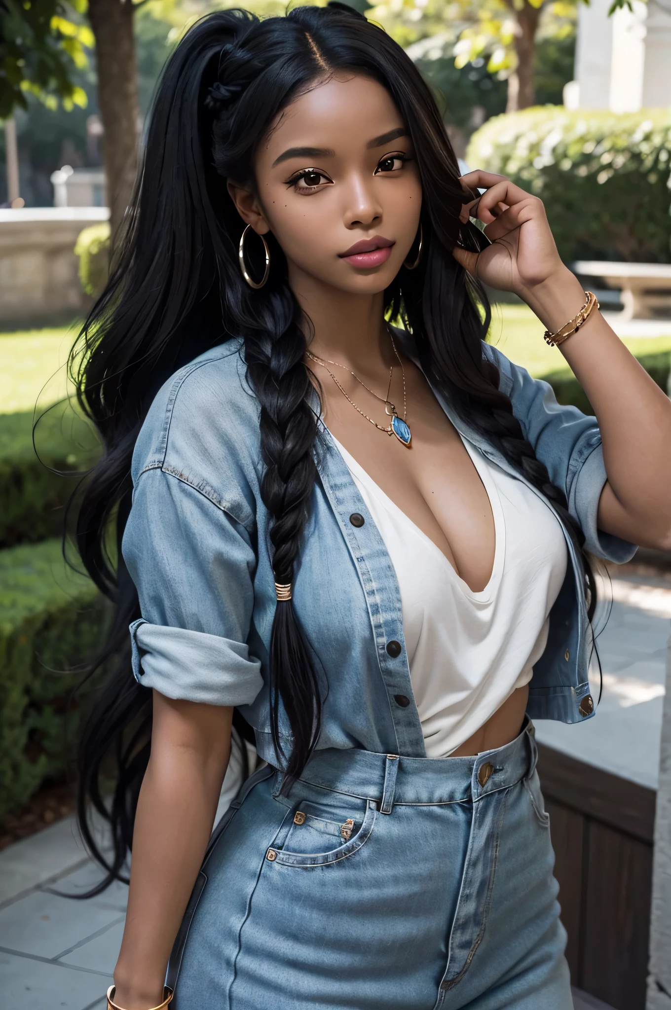 A black woman with dark skin is the main subject of the portrait. Her hair is styled in elaborate copper braided hair, shining beautifully. Her smooth skin is flawlessly highlighted, and she has a mole on her cheek that adds a touch of charm. She has luscious, juicy red lips that stand out. Her makeup gives her a stunning baddie look, enhancing her natural beauty. She is dressed in a stylish street outfit, reflecting her unique personality. Her body has an hourglass shape, making her figure alluring and voluptuous. The woman wears black sunglasses that add an element of mystery to her appearance. She has a piercing, which adds an edgy and rebellious vibe. Additionally, she has angel fangs that peek out when she smiles, giving her an intriguing and ethereal quality. Her silver accessories, such as necklaces, bracelets, and rings, complement her overall look and add a touch of glamour. The portrait is set in a park scenario. The lush greenery creates a serene and natural backdrop for the woman. The lighting is softly diffused, highlighting her features and creating a flattering atmosphere. The color palette is rich and vibrant, with warm tones that accentuate her dark skin and the overall mood of the portrait. This prompt ensures the best quality, with a focus on ultra-detailed and realistic representation. The level of detail in the artwork will be akin to a masterpiece, with high resolution (4K, 8K) that captures every intricate element. The portrait will have a photorealistic touch, making it appear as if it were a photograph brought to life. Overall, this prompt aims to create a powerful and captivating portrait of a black woman with a unique style and alluring features.