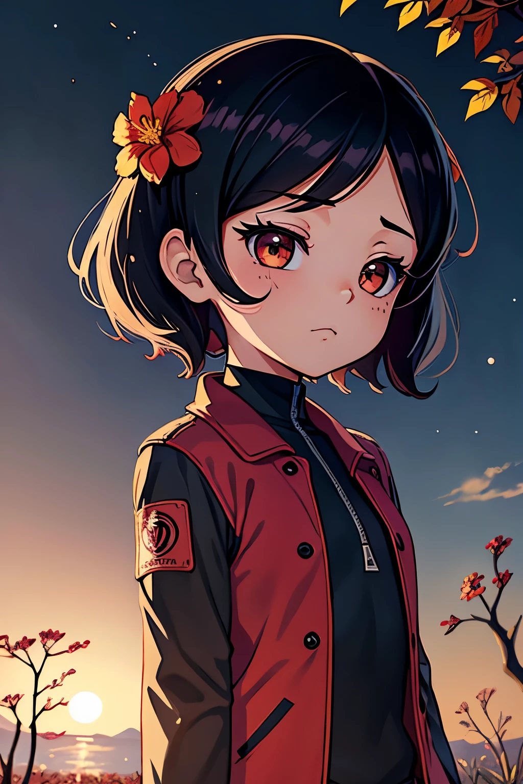 spirits among branches and fireflies by Kuvshinov, samdoesart, dream art, (((surrealism))), (Estilo-vidrio), 1 chica, solo, ojos hermosos, luz detallada, fondo de plaza, pelo sobre un ojo, flor roja, flor sobre el pelo, pelo largo, mirando hacia un costado, noche, bosquejo, medias largas, sombras intensas, anime, campera purpura, anatomia proporcionada en 6 cabezas, medias largas, flor roja, flor roja en la cabeza