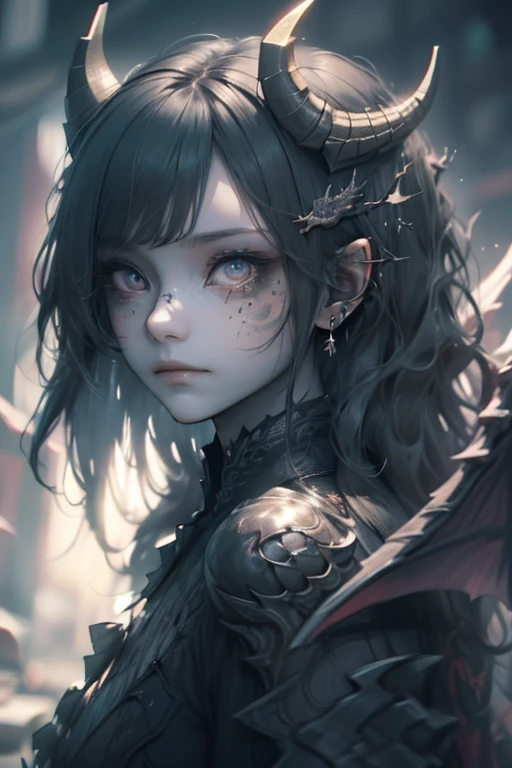 1girl, glowing dragon eyes, wavy hair, demure ornate dress, scales, scales on face, dragon wings, dragon horns, slender figure, scaled humanoid, looking at camera, (Intricate details:1.2), (Highly detailed face and eyes:1.3), dynamic pose, (Photorealistic: 1.4), (Highly detailed)
