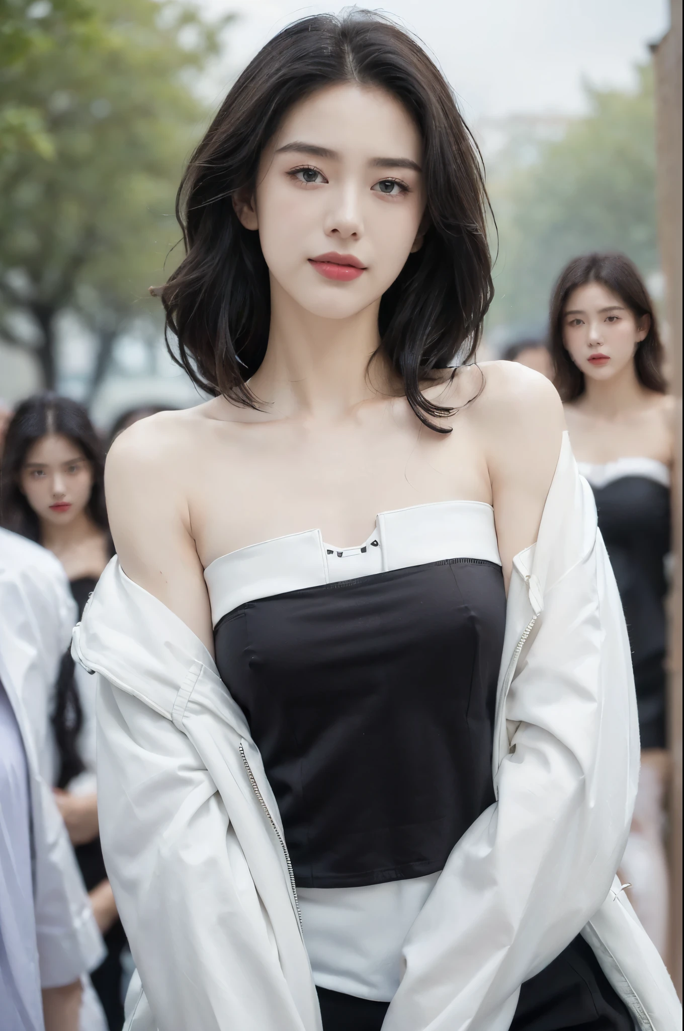 (Extremely meticulous CG),(((8k))),wallpaper,(Portrait above the chest:1.3),((Extremely refined and beautiful)),(((Masterpiece))),(((best qualtiy))),(((Ultra High Resolution))),beautiful light up,realistic shaded,(Smooth and flawless fair skin:1.5),(Extremely exquisite facial details:1.2),(ultra-detailed:1.5),((a beautiful girl,solo)),(medium straight bob hair:1.2),(wet hair:1.3),(small head:1.2),(slender face:1.2),(Exquisite makeup:1.3),(happy:1.2),(laughing:1.2),(perfect body:1.1),(white jacket:1.5),(strapless black tank top:1.5),(shoulder off:1.3),((slim,thin)),(small breasts:1.2),(flat chests:1.2),(from front:1.3),(standing:1.3),(at the schoolgate:1.3),(outdoor:1.2),(spring:1.3),(day scene:1.5),(cloudy:1.3),(surrounded by crowded crowds:1.5),(close-up of face:1.3)