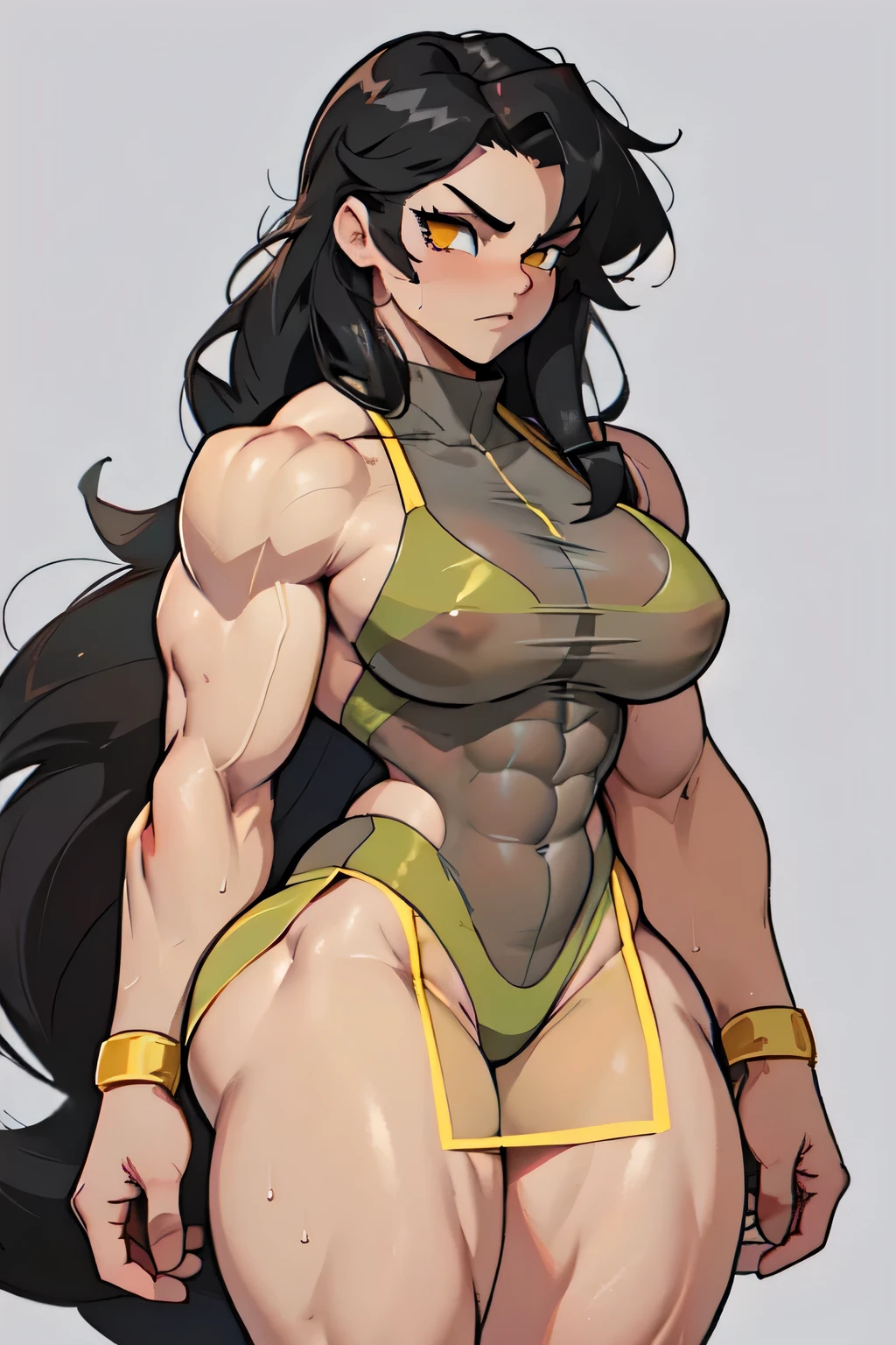 ((((1girl bodybuilder muscular)))) pale skin black hair very long hair yellow eyes long abs ((curvy wide hips thick thighs huge breasts grey background)) sweaty see-through
