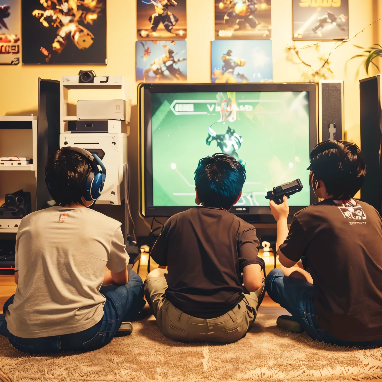 three young boys sitting on the floor playing a video game, playing video games, video - game, playing games, video games, video game, video game consoles, video game style, twins playing video games, videogame, video game still, gaming, 9 0 s games, gaming room, videogames, nostalgic 8k, games, videogame still, having a good time - nostalgia days