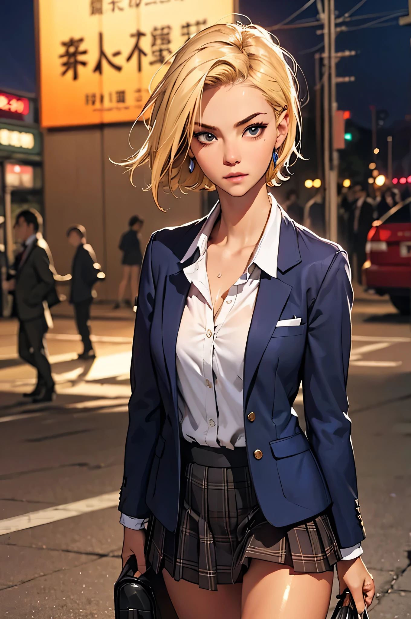((perfect anatomy:1.2,realistic:1.3,RAW Photography:1.3,masterpiece、highest quality、Ultra - High resolution、High resolution、Highly detailed CG、8K)),cowboy shot,1 female,solo,18-year-old、High school girl beautiful girl, Japanese,((beautiful detailed face and eyes:1.2,big gorgeous eyes:1.3,)),blonde hair,short hair,(center parted hair:1.4,forehead),large breasts,slender body,small head:1.3,skinny,(brown skin:1.3),(oily skin,gleaming skin,shiny skin,sweat),(school uniform、Dark blue blazer jacket、plaid pleated mini skirt),Shibuya Station、on street,neon、at night、Tokyo、