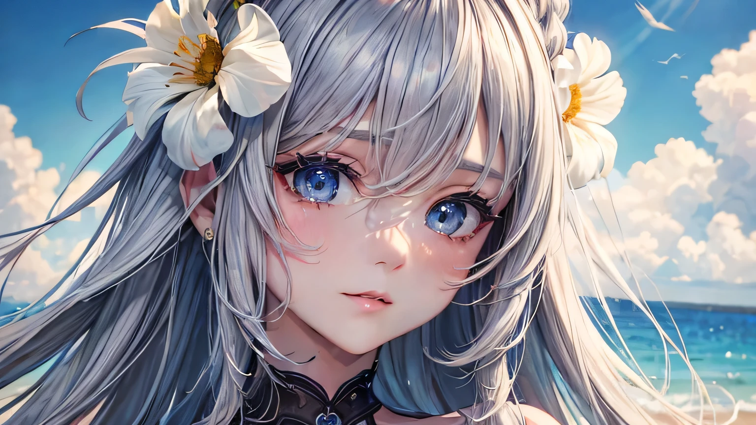 (oil, masterpiece, highest quality, Super detailed, Focus on the characters), Gray Hair、Beauty、Detailed facial expression depiction，Detailed hair depiction,([return:0.8]|[ face facing returnwards:1.1]), Super big breasts,erotic swimsuit,([Summer Sea Scenario:1.2]|[ ground:1.3]| [High Contrast:1.1])  