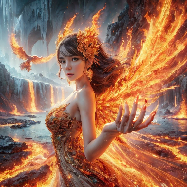 arafed woman with gigantic breast wearing a dress formed from fire, wearing an ornate outfit, ornate dress, intricate dress, elegant fire dress, ornate and elegant, extravagant dress, inspired by Hedi Xandt, ornate attire, intricate outfit, ornate royal gown, ornate clothing, ornate gown, intricate and elegant, intricate detailed dress, ornate , high heels, royal dress, detailed hand, detailed finger, Fire in the body, Fire on the dress, Fire element, Fire wings, Transparent clothing, masterpiece, best quality:1.2),,(8k,highres,RAW photo,realistic,photo-realistic:1.3),(detailed skin texture,detailed cloth texture,detailed flame texture, beautiful detailed face:1.25),professional lighting,photon mapping,beautiful soft light,radiosity,physically-based rendering,raytracing, model shoot style, model shoot style, (extremely detailed CG unity 8k wallpaper), full shot body photo of the most beautiful artwork in the world, (NSFW), (Nude), (Naked), (Nipple)