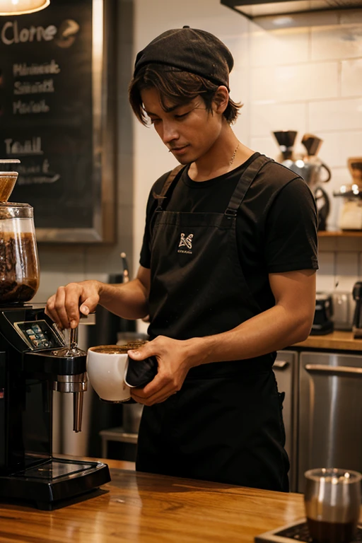 Worker grinding coffee by hand,while a person is waiting for their coffee 