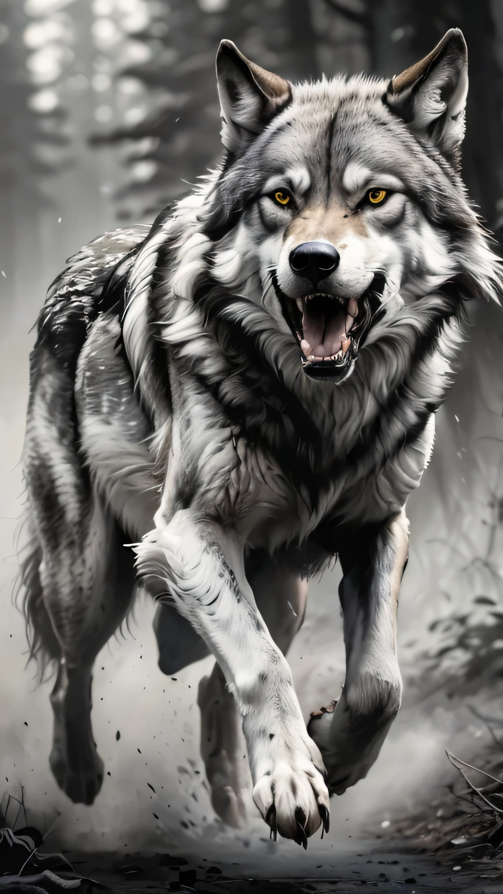 a close up of a lobo running in the woods with its mouth open, dire lobo, great lobo, lobo, photo of lobo, dark grey lobo, lobo in hell, grim - lobo, white lobo, lone lobo, furry lobo, lobo portrait, lobo, dark grey lobo o'donnell, rosnando, fantasy lobo portrait, fenrir, a white lobo