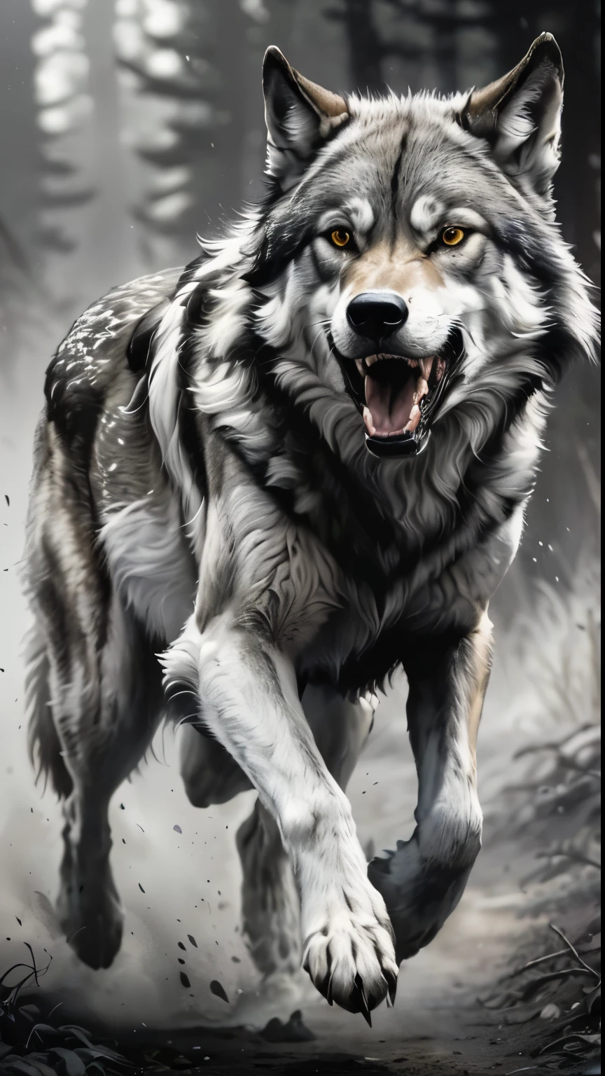 a close up of a lobo running in the woods with its mouth open, dire lobo, great lobo, lobo, photo of lobo, dark grey lobo, lobo in hell, grim - lobo, white lobo, lone lobo, furry lobo, lobo portrait, lobo, dark grey lobo o'donnell, rosnando, fantasy lobo portrait, fenrir, a white lobo