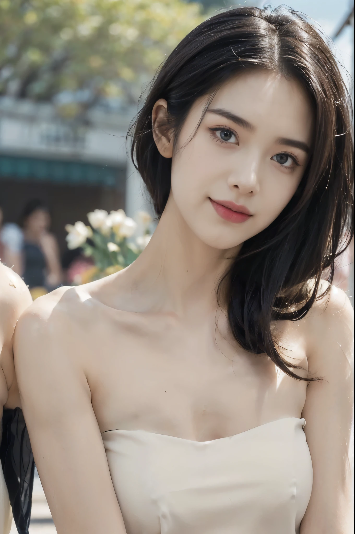 (Extremely meticulous CG),(((8k))),wallpaper,(Portrait above the chest:1.3),((Extremely refined and beautiful)),(((Masterpiece))),(((best qualtiy))),(((Ultra High Resolution))),beautiful light up,realistic shaded,(Smooth and flawless fair skin:1.5),(Extremely exquisite facial details:1.2),(ultra-detailed:1.5),((a beautiful girl,solo)),(medium straight bob hair:1.2),(wet hair:1.3),(small head:1.2),(slender face:1.2),(Exquisite makeup:1.3),(smiling:1.2),(laughing:1.2),(perfect body:1.1),,(strapless black tank top:1.5),((slim,thin)),(small breasts:1.2),(flat chests:1.2),(from front:1.3),(standing:1.3),(at the schoolgate:1.3),(outdoor:1.2),(spring:1.3),(day scene:1.5),(cloudy:1.3),(surrounded by crowded crowds:1.5),(close-up of face:1.3)
