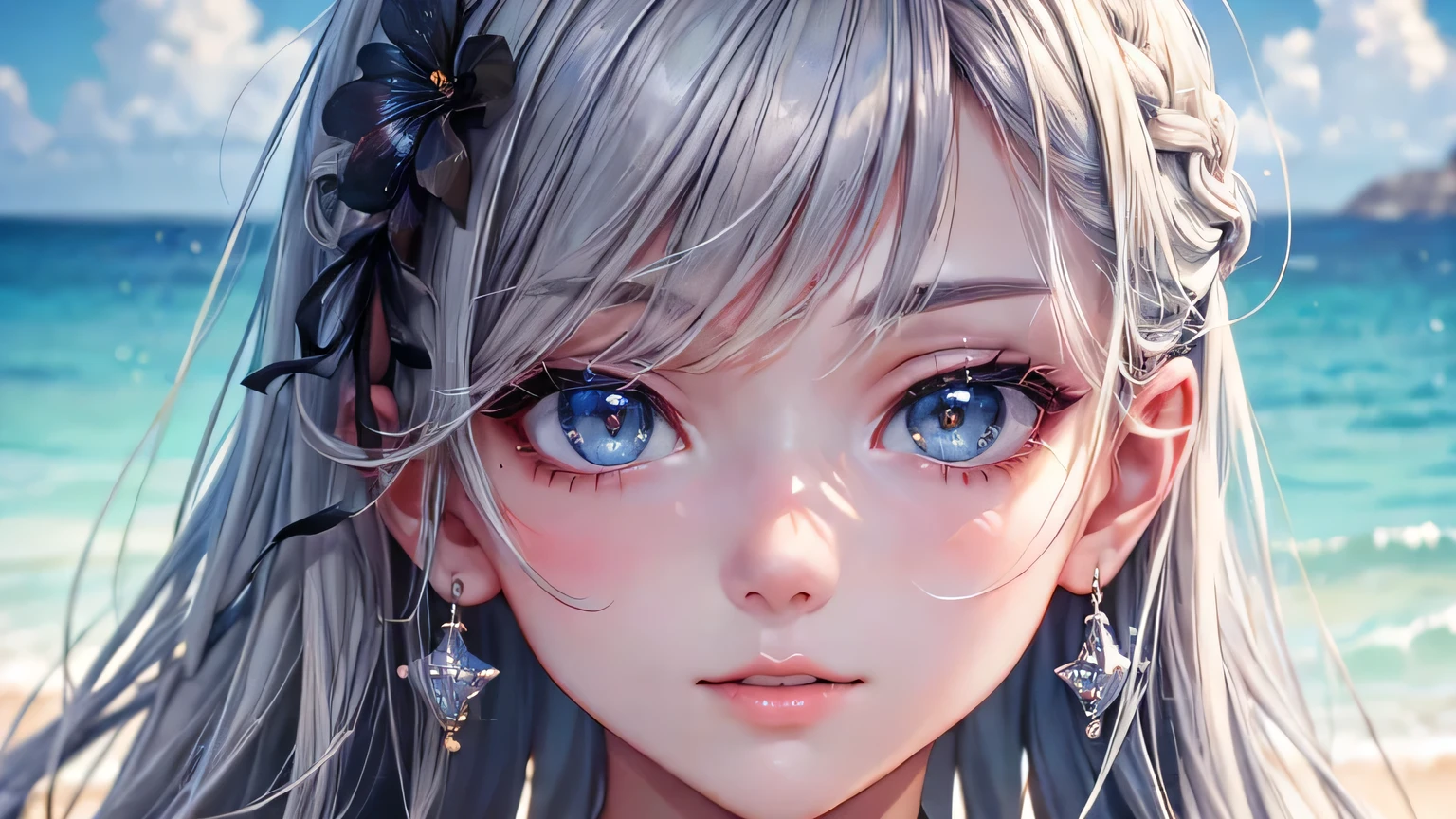 (oil, masterpiece, highest quality, Super detailed, Focus on the characters), Gray Hair、Beauty、Detailed facial expression depiction，Detailed hair depiction,([return:0.8]|[ face facing returnwards:1.1]), Super big breasts,erotic swimsuit,([Summer Sea Scenario:1.2]|[ ground:1.3]| [High Contrast:1.1])  