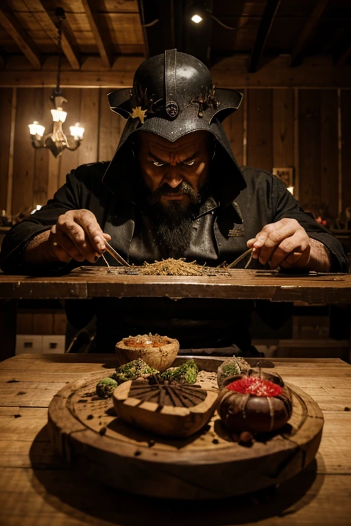 there is an emperor of evil, crafting some raw foods on a war table