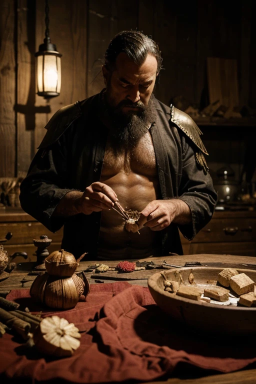 there is an emperor of evil, crafting some raw foods on a war table