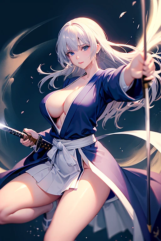 （（high quality、masterpiece、detailed、Normal body、５This finger））、Beautiful Girl Swordsman（（Bust: 87cm、Holding a Japanese sword in his right hand:、Hold the sheath in your left hand、Silver Hair、Mystical Eyes））、Black Robe、White Skirt:1.2、moonlight、wielding a Japanese sword、Sword Drawing Technique、yes、Japan Pulling the sword out of its sheath、Feminization:1.7、Camel Toe、Giant tit、Nipple Puffs、Cleavage、Plump、Super big breasts、Super big butt