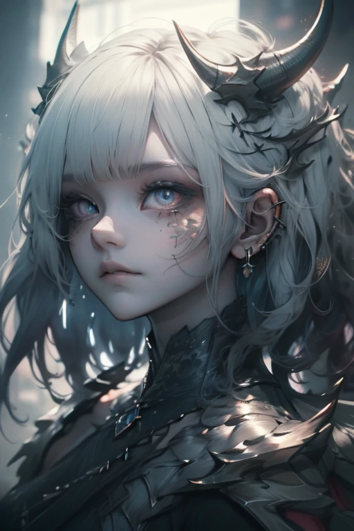 1girl, glowing dragon eyes, wavy hair, scale-adorned dress, scales on face, dragon wings, dragon horns, scaled humanoid, dynamic pose, full shot, (Intricate details:1.2), (Highly detailed face and eyes:1.3), (Highly detailed)