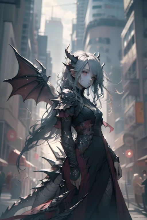 1girl, glowing dragon eyes, wavy hair, scale-adorned dress, scales on face, dragon wings, dragon horns, scaled humanoid, dynamic pose, full shot, (Intricate details:1.2)