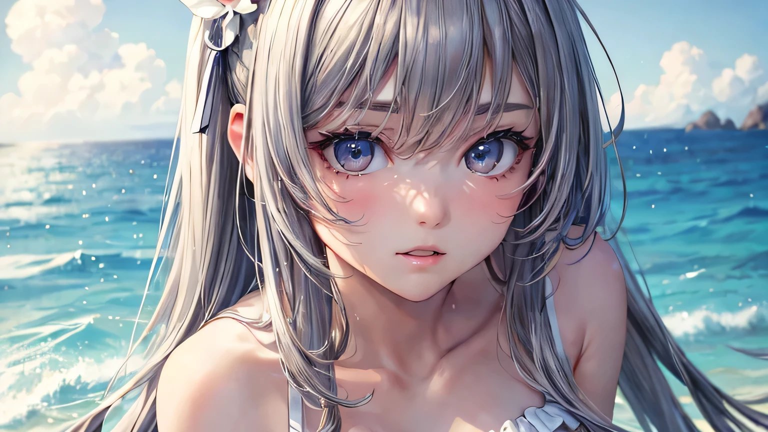 (oil, masterpiece, highest quality, Super detailed, Focus on the characters), Gray Hair、Beauty、Detailed facial expression depiction，Detailed hair depiction,([return:0.8]|[ face facing returnwards:1.1]), Super big breasts,
white erotic swimsuit,([Summer Sea Scenario:1.2]|[ ground:1.3]| [High Contrast:1.1])  