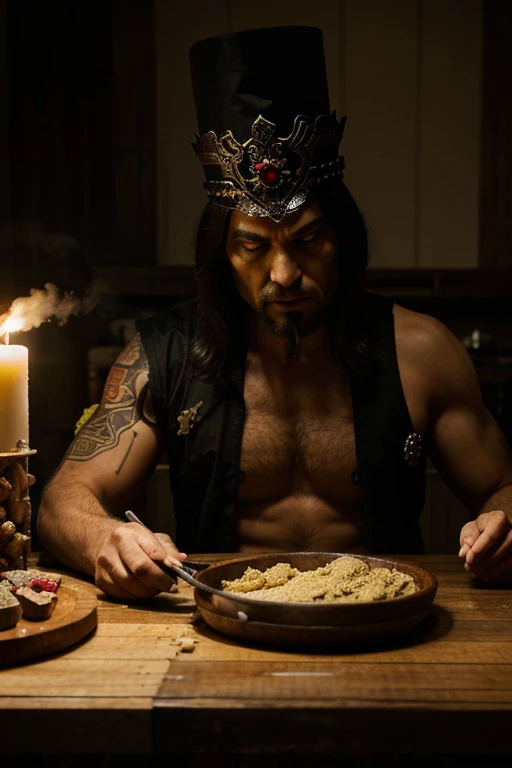 there is an emperor of evil, crafting some raw foods on a drug war table