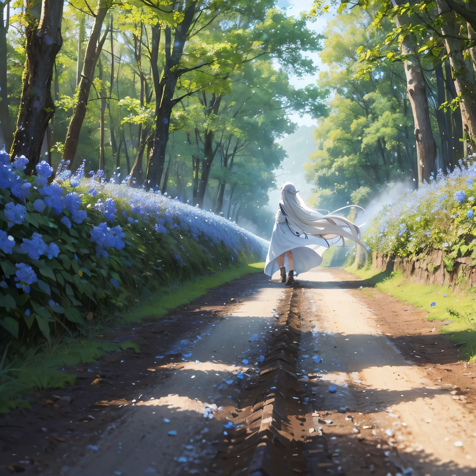 A windy muddy path stretching out into the distance, an elf with long white hair and white robe walking away into the distance on the road, fields of blue flowers on either side of the road