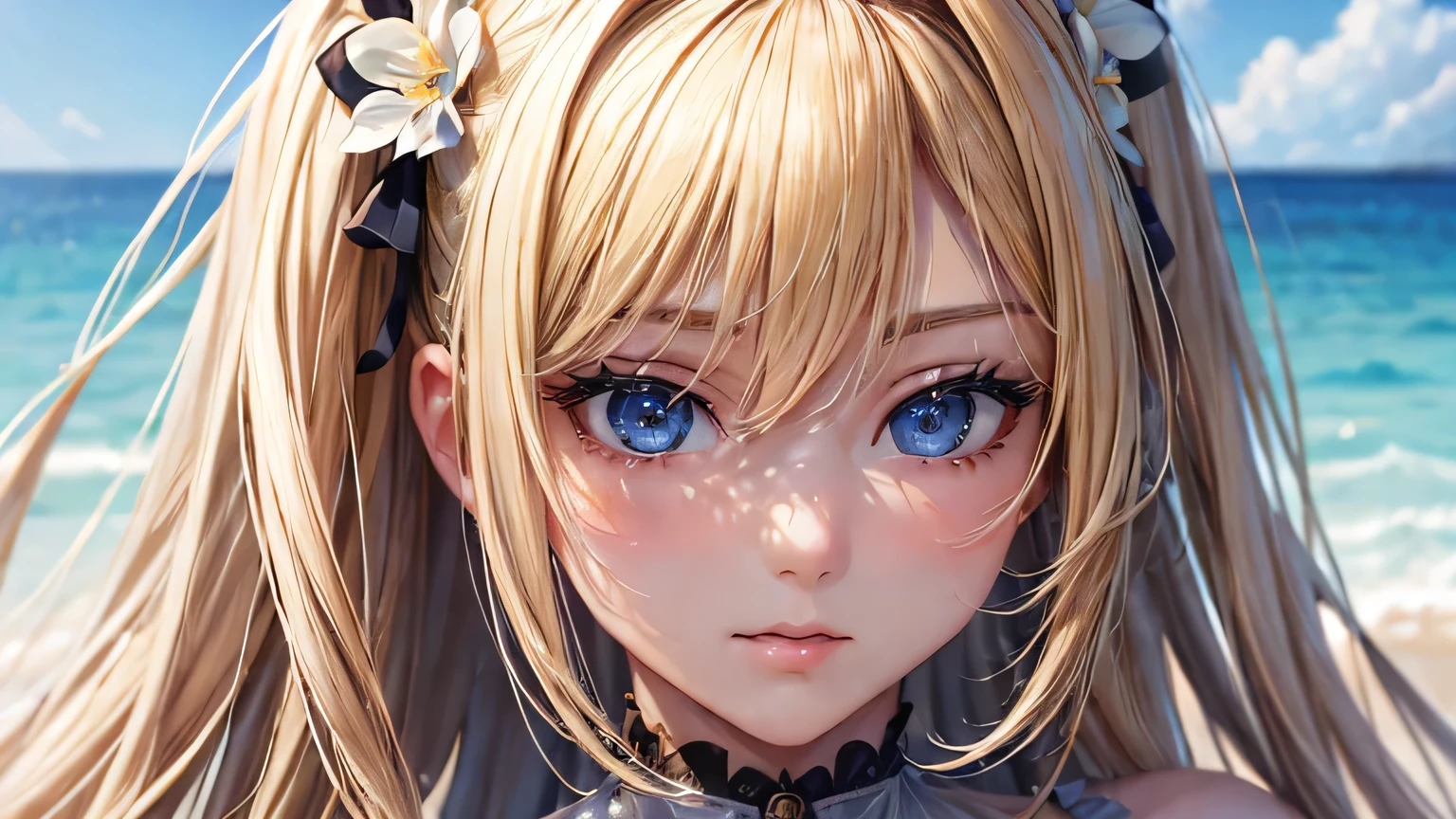 (oil, masterpiece, highest quality, Super detailed, Focus on the characters), Blonde、Beauty、Detailed facial expression depiction，Detailed hair depiction,([return:0.8]|[ face facing returnwards:1.1]), Super big breasts,
white erotic swimsuit,([Summer Sea Scenario:1.2]|[ ground:1.3]| [High Contrast:1.1])  