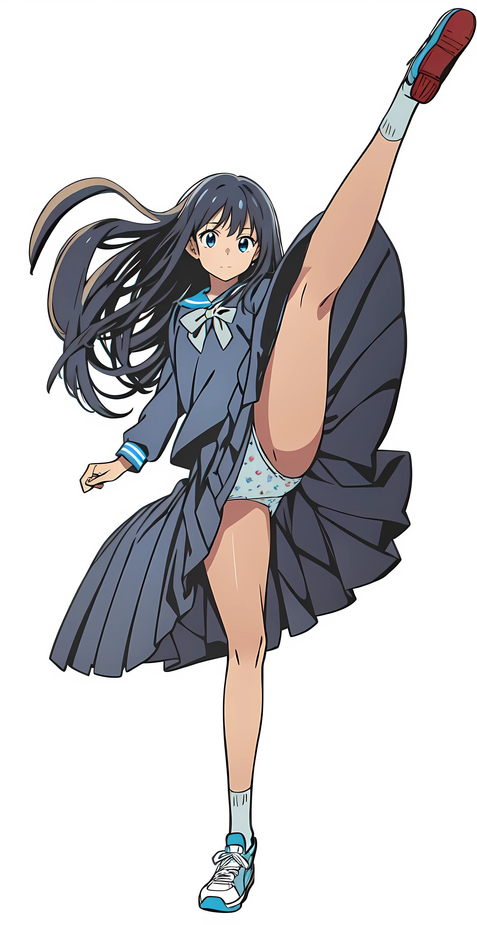 (detailed printed cotton panties:1.0), (white background:1.0), (best quality:1.0), (masterpiece:1.0), (super fine illustration:1.0), (beautiful artwork:1.0), (anime screencap:1.0), (official art:1.0), (solo:1.0), (JHSGA:1.0), (a cute girl:1.0), (long skirt:1.0), (dark blue skirt:1.0), (pleated skirt:1.0), (dark blue sailor uniform:1.0), (long sleeve sailor uniform:1.0), (sneakers:1.0), (white socks:1.0), (ideal ratio body proportions:1.0), (lanky:1.0), (tall:1.0), (slender:1.0), (small breasts:1.0), (smaller face:1.0), (tareme:1.0), (detailed beautiful eyes:1.0), (detailed beautiful face:1.0), (glowing black eyes:1.0), (medium hair:1.0), (black hair:1.0), (standing:1.0), (looking at viewer:1.0)