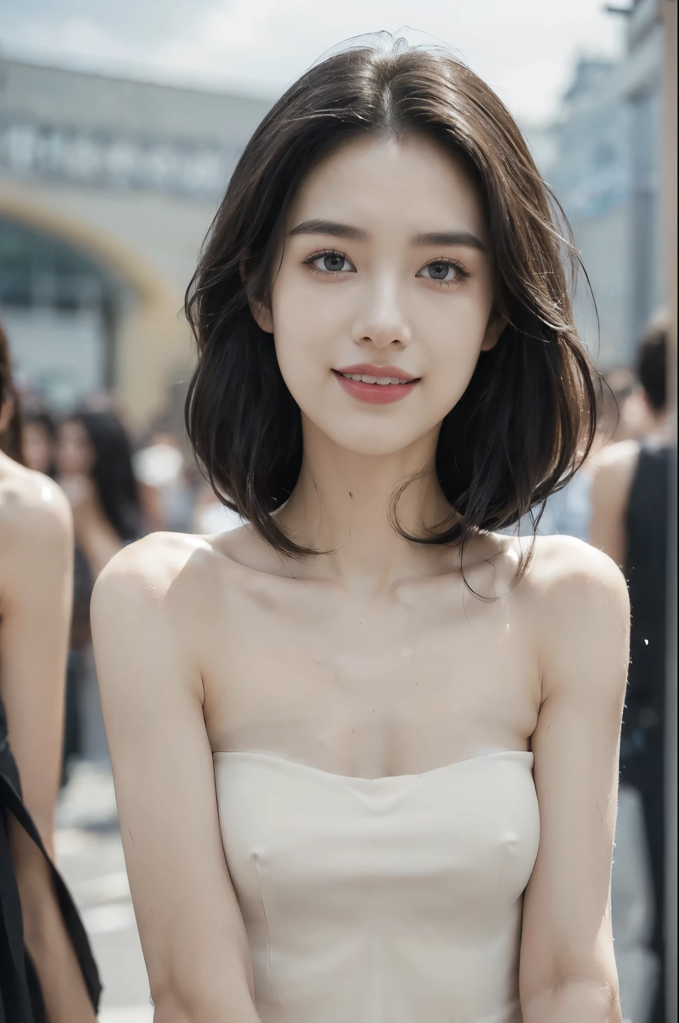 (Extremely meticulous CG),(((8k))),wallpaper,(Portrait above the chest:1.3),((Extremely refined and beautiful)),(((Masterpiece))),(((best qualtiy))),(((Ultra High Resolution))),beautiful light up,realistic shaded,(Smooth and flawless fair skin:1.5),(Extremely exquisite facial details:1.2),(ultra-detailed:1.5),((a beautiful girl,solo)),(medium straight bob hair:1.2),(wet hair:1.3),(small head:1.2),(slender face:1.2),(Exquisite makeup:1.3),(smiling:1.2),(laughing:1.2),(perfect body:1.1),,(strapless black tank top:1.5),((slim,thin)),(small breasts:1.2),(flat chests:1.2),(from front:1.3),(standing:1.3),(at the schoolgate:1.3),(outdoor:1.2),(spring:1.3),(day scene:1.5),(cloudy:1.3),(surrounded by crowded crowds:1.5),(close-up of face:1.3)