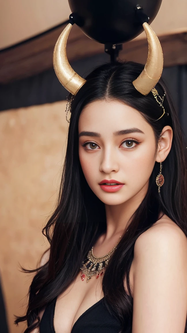 Beautiful Gypsy Beautiful Gypsy ager with horns and black goo on her face, photorealistic, hyperrealism, DSLR, HDR, style by Victor Ngai, very symmetrical body