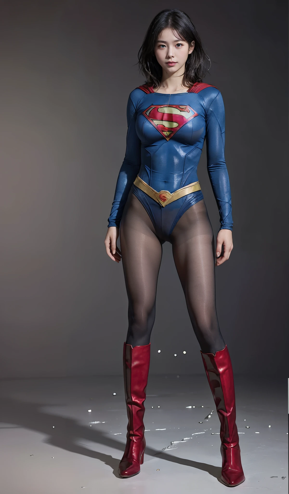 No background、(((Beautiful legs in black tights.)))、(((Legally express the beauty of your smile)))、((((Make the most of your original images)))、(((Supergirl Costume)))、(((Beautiful short bob hair)))、(((suffering)))、(((Please wear black tights....、Wear red boots)))、((Best image quality、8k))、((highest quality、8k、masterpiece:1.3))、(((Preserve background )))、Sharp focus:1.2、Beautiful woman with perfect figure:1.4、Slim Abs:1.2、Wet body:1.5、Highly detailed face and skin texture、8k