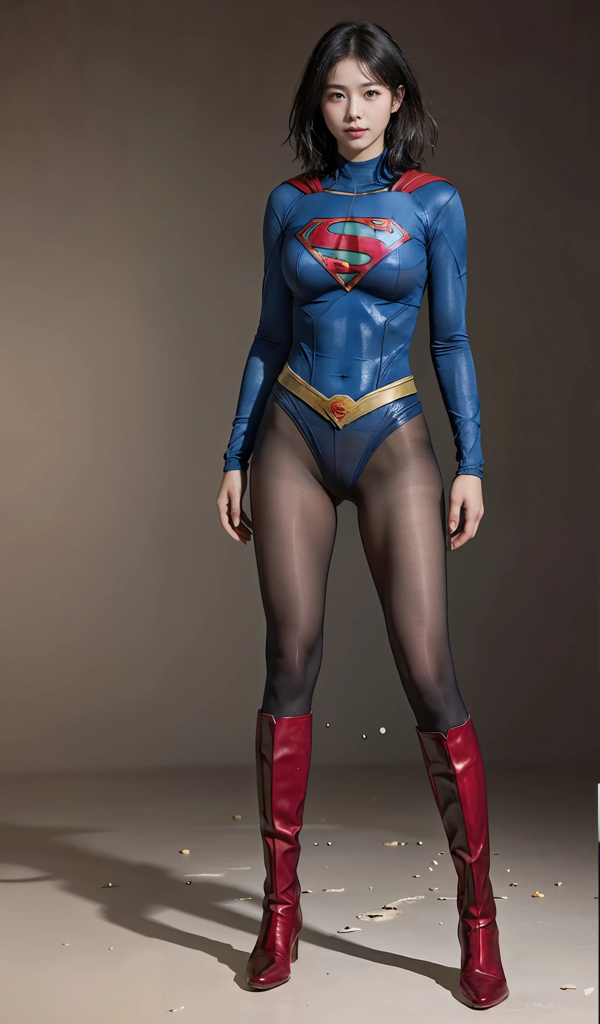 No background、(((Beautiful legs in black tights.)))、(((Legally express the beauty of your smile)))、((((Make the most of your original images)))、(((Supergirl Costume)))、(((Beautiful short bob hair)))、(((suffering)))、(((Please wear black tights....、Wear red boots)))、((Best image quality、8k))、((highest quality、8k、masterpiece:1.3))、(((Preserve background )))、Sharp focus:1.2、Beautiful woman with perfect figure:1.4、Slim Abs:1.2、Wet body:1.5、Highly detailed face and skin texture、8k