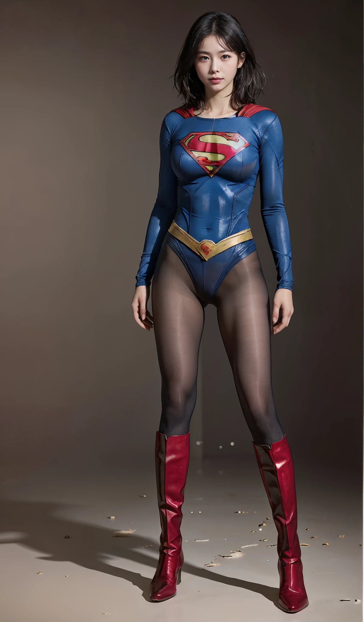 No background、(((Beautiful legs in black tights.)))、(((Legally express the beauty of your smile)))、((((Make the most of your original images)))、(((Supergirl Costume)))、(((Beautiful short bob hair)))、(((suffering)))、(((Please wear black tights....、Wear red boots)))、((Best image quality、8k))、((highest quality、8k、masterpiece:1.3))、(((Preserve background )))、Sharp focus:1.2、Beautiful woman with perfect figure:1.4、Slim Abs:1.2、Wet body:1.5、Highly detailed face and skin texture、8k