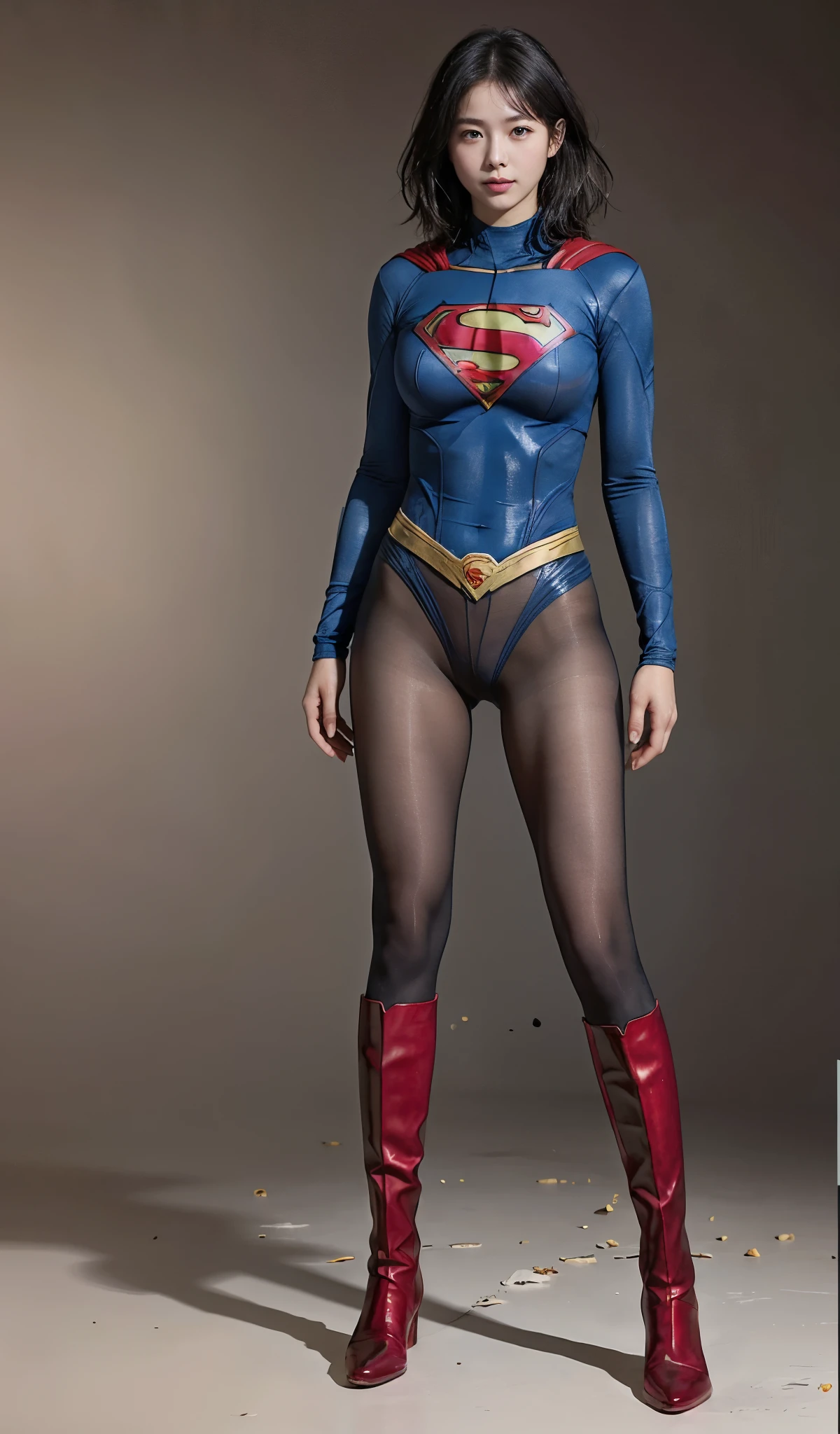 No background、(((Beautiful legs in black tights.)))、(((Legally express the beauty of your smile)))、((((Make the most of your original images)))、(((Supergirl Costume)))、(((Beautiful short bob hair)))、(((suffering)))、(((Please wear black tights....、Wear red boots)))、((Best image quality、8k))、((highest quality、8k、masterpiece:1.3))、(((Preserve background )))、Sharp focus:1.2、Beautiful woman with perfect figure:1.4、Slim Abs:1.2、Wet body:1.5、Highly detailed face and skin texture、8k