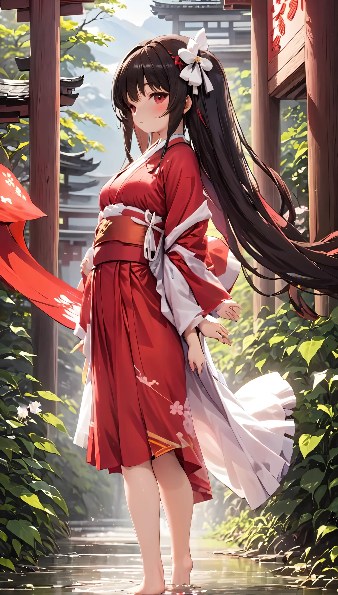 with high definition images，The mysterious beauty of the lonely shrine maiden, Shirarei Reimu、Captured with stunning cinematic artistry。Her long, flowing hair is decorated with a delicate white ribbon.、Shrine maiden in red traditional costume、This masterpiece highlights the intricate details of her outfit。Her large breasts and wide hips are skillfully rendered with meticulous attention to detail.、This solo female character has feminine curves.。By skillfully using lighting and shadows、Gives your image fascinating depth、Reimu&#39;s figure is brought to life。
