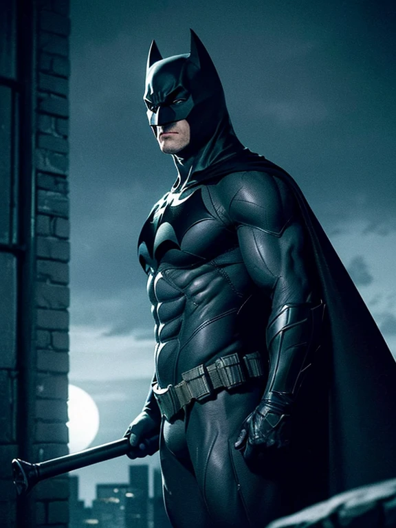 Imagine Batman in a Gotham City night scene, his cape billowing as he stands atop a gargoyle. The dark environment and the moonlight highlight his striking features: the determined look behind the mask, the details of the costume, the defined muscles. Draw this iconic scene using just 6B pencils, capturing all the intensity and realism of the Dark Knight in black and white.