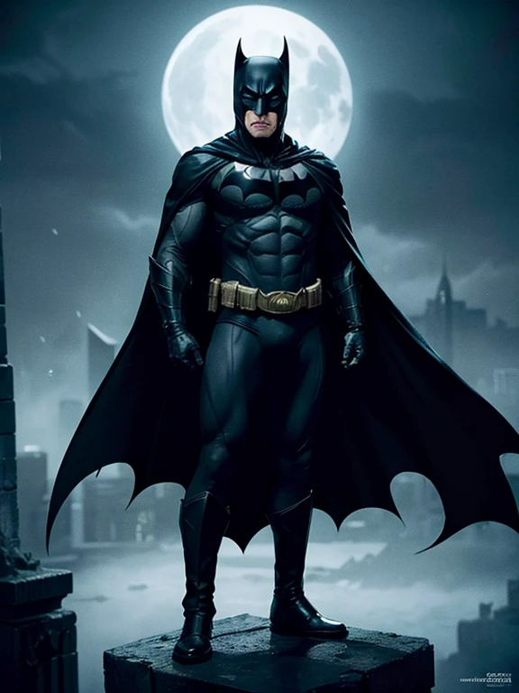 Imagine Batman in a Gotham City night scene, his cape billowing as he stands atop a gargoyle. The dark environment and the moonlight highlight his striking features: the determined look behind the mask, the details of the costume, the defined muscles. Draw this iconic scene using just 6B pencils, capturing all the intensity and realism of the Dark Knight in black and white.
