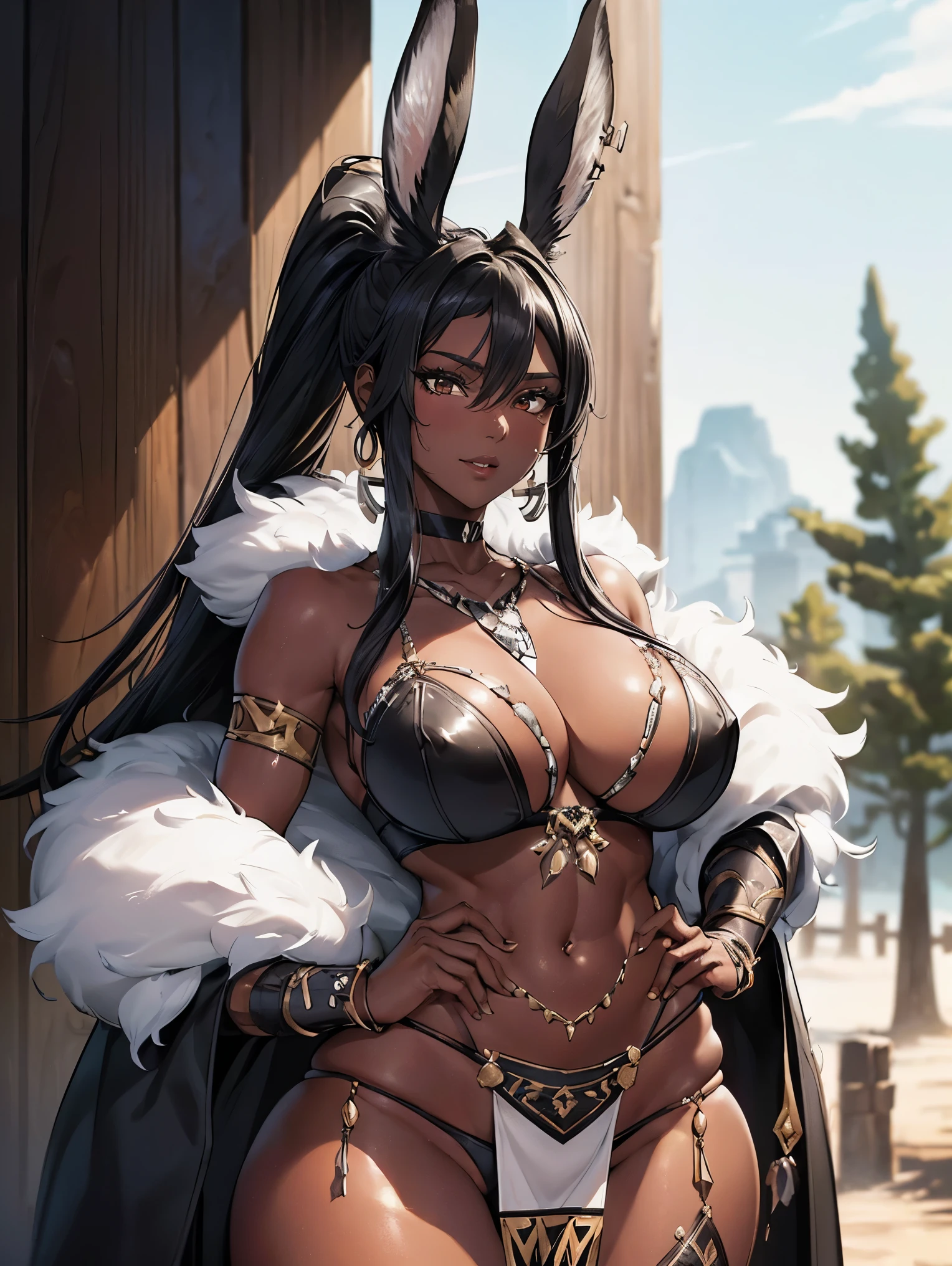 (masterpiece), best quality, highly detailed faces, (SHARP details), 4k, highly detailed, expressive eyes, SHARP detail expressive eyes, (SHARP detail perfect face), ((dark skin)), (bunny ears), (viera), ((black hair)), (choker) amber eyes, ponytail, wild tomboy hair, smiling, (wearing tribal outfit), 20 years old, cleavage, ((solo)), nice hips, curvy, tall woman, (large breasts), ((bone accessories)), tribal, tattoos, ((white tribal marks on body)), bone accessory, loincloth, piercings, (white marks on skin), (tribal marks), earrings on bunny ears, amazon, fur clothes, (fur skirt), (bone armor), ((amazon matriarch)), sfw, ((wearing amazon armor)), loincloth, 