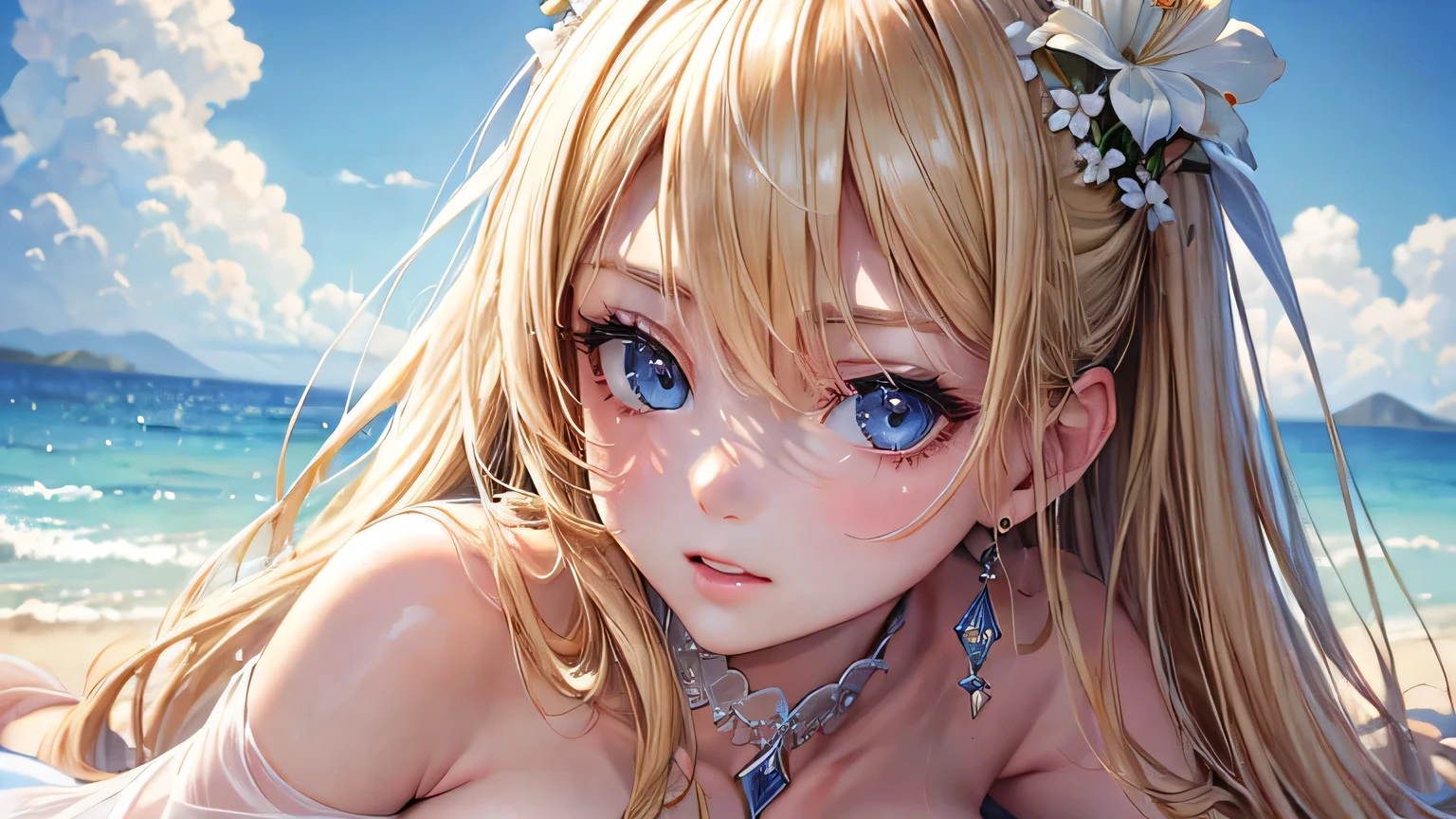 最high quality、Best image quality、masterpiece、20-year-old woman、Best Bust、Medium Bust,NSFW、naked、Nipples are visible、blue eyes, Blonde Hair、Habitual hairstyle、Long Hair、thin,Highest valley、Attractive face、sweating、like、Stay close to your audience、Leaning forward、Hair blowing in the wind)),high quality、Beautiful art、background((Hawaii、Waikiki、Palm tree、Beach、sunset))Flying debris、Written boundary depth、movie、Visual Arts、Perfect art、8k,Genuine